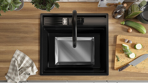 One-bowl granite kitchen sink without drainer and storage space for accessories and cutting board Oslo 60 Pocket + Freebie