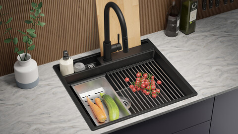 One-bowl granite kitchen sink without drainer and storage space for accessories and cutting board Oslo 60 Pocket + Freebie