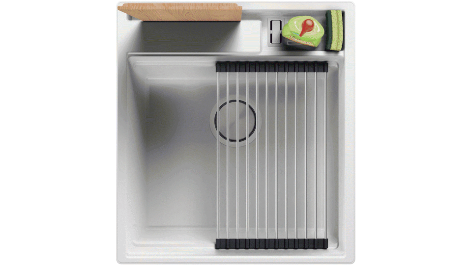 One-bowl granite kitchen sink without drainer and storage space for accessories and cutting board Oslo 50 Pocket + Freebie