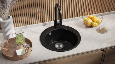 Round kitchen granite sink without drainer Piza 45 Top + Cutting board FREE