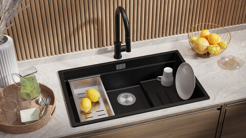 One-bowl granite kitchen sink with internal Step drainer and largest bowl XXL Prague 80 Level Slim + Freebie