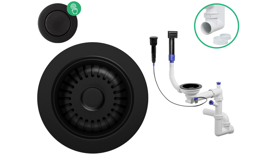 Space-saving automatic water trap (Pop-up) for undermount sinks Composite black-rectangular overflow