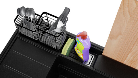 One-bowl granite kitchen sink with drainer, wide bowl and storage space for accessories and cutting board Sydney 620-45 Pocket E